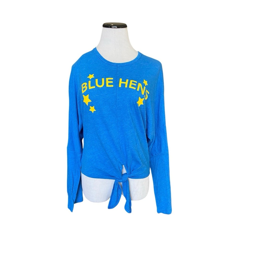 University of Delaware Blue Hens Graphic Tie Front Top Womens Size M Blue UD